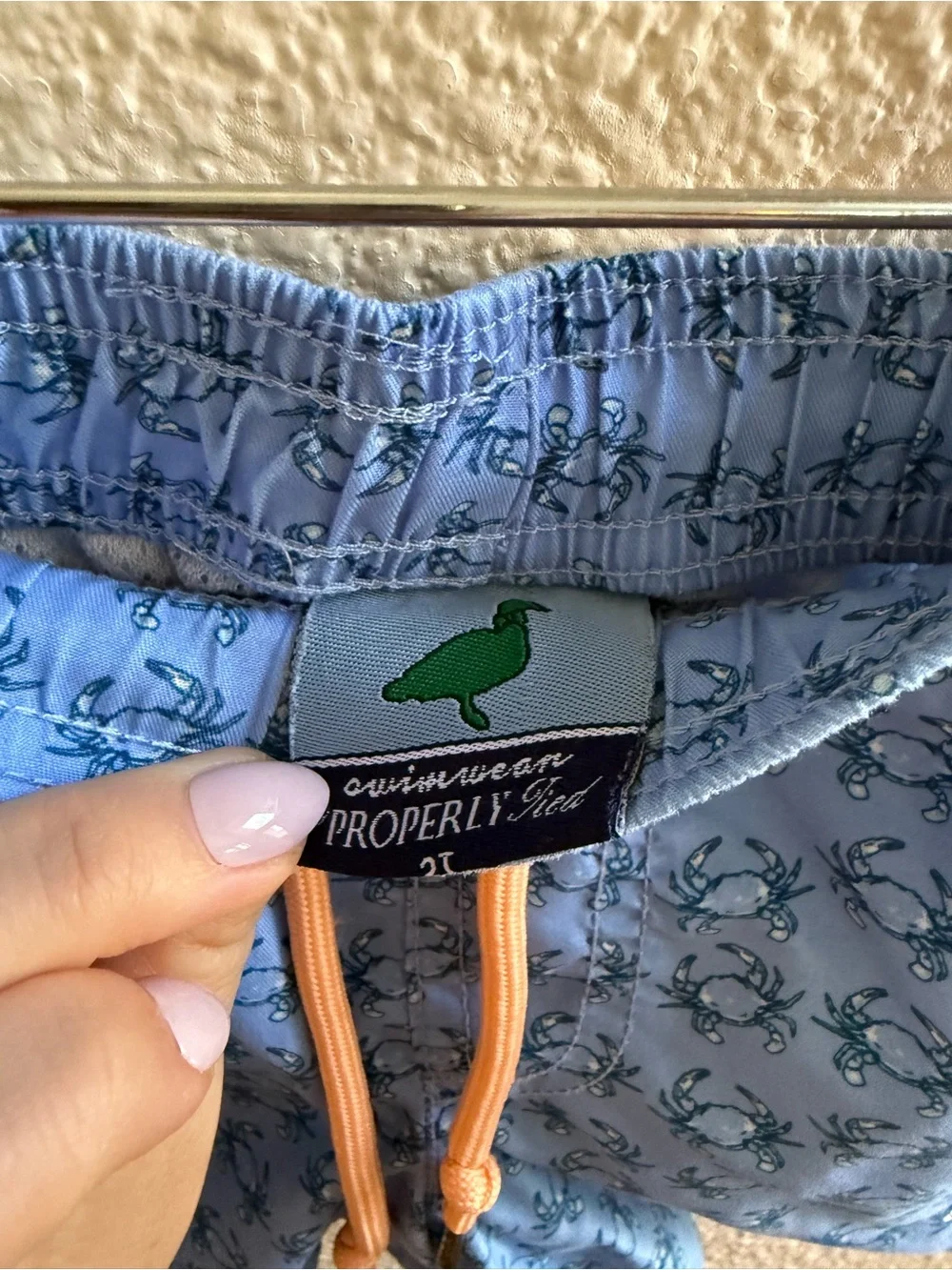 Properly Tied Boys Blue Crab-Print Swim Trunks with peach Drawcord